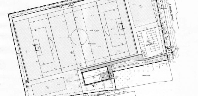 1 Stadionas 2 Aikštelė 3 Zona žaidėjų mankštai 4 Rekonstruotas pastatas 5 Pusiauuždaros tribūnos su persirengimo kambariais, administracinėmis patalpomis, viešu WC 6 Automobilių stovėjimo aikštelė 7 Švieslentė 8 Vėliavų stovai