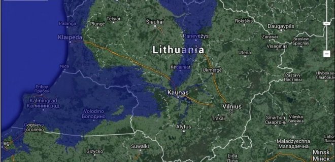 Taip atrodytų Lietuva, jeigu jūros lygis pakiltų 60 metrų (geology.com iliustr.)