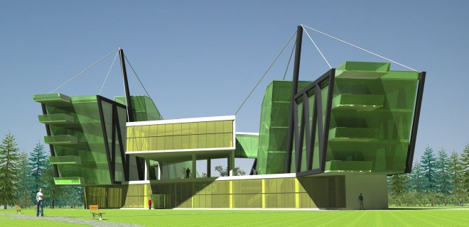 Štai taip atrodo A. Ganusausko suprojektuotas modernus Jurbarko viešbutis, kurį jis suprojektavo kaip bakalaurinį darbą. Šį viešbutį architektas buvo numatęs statyti Jurbarke Mituvos ir Imsrės santakoje.