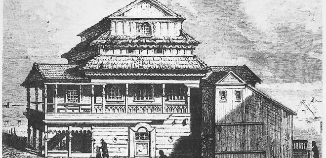 M.Jurbarko medinė sinagoga.E. Andrioli eskizas. / Europeana nuotr.