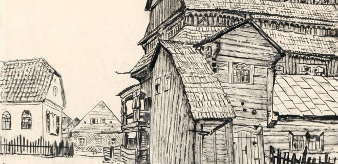 M. Dobužinskio eskizas. Jurbarko sinagogos 1933 metais / Europeana nuotr.