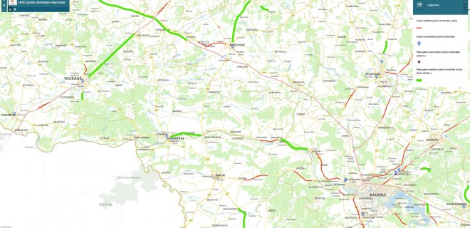 Šiame žemėlapyje raudona linija pažymėti esami vidutinio greičio kontrolės ruožai, o žalia – planuojami įrengti 2023–2024 metais. Žalia linija pažymėta ir kelio atkarpa nuo Jurbarko iki Šilinės.
