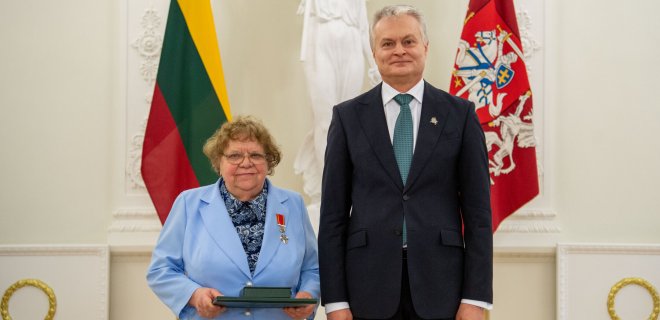 Jurbarkietė Irena Bronislava Giedraitienė – apdovanota Laisvės kovų dalyvė už aktyvų įsitraukimą į visuomeninę partizanų kovos įamžinimo veiklą. / Lietuvos prezidentūros nuotr.