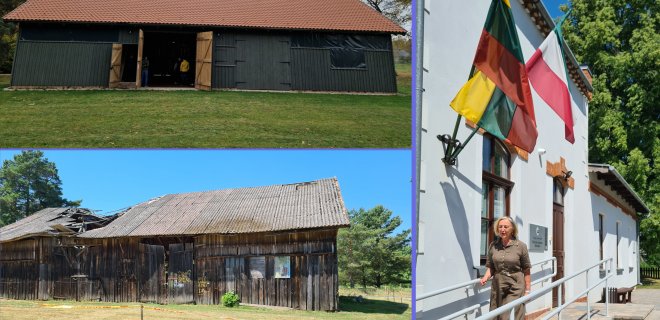 Nuotraukoje viršuje kairėje – sutvarkyta daržinė, apačioje – avarinės būklės 2021 m., dešinėje – M. Jankaus muziejus, prie kurios plazda Lietuvos ir Mažosios Lietuvos vėliavos / KPD nuotr.