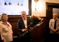 R. Juška rinkimų rezultatus su palaikymo komanda stebėjo Jurbarko krašto muziejuje.